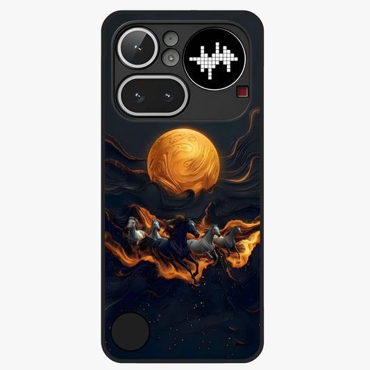 Golden Stallion Moonride Glass Case showing flat back view with majestic horse under moonlight artwork and glossy glass finish.