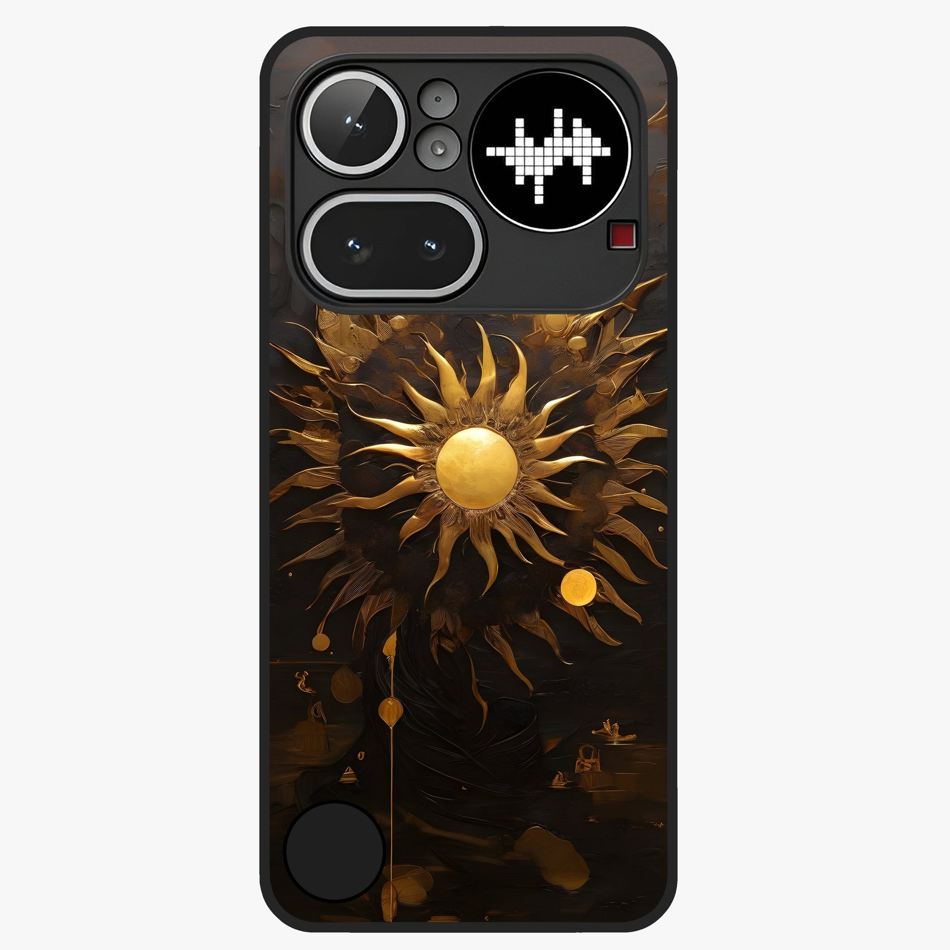 Golden Sun Majesty Glass Case showing flat back view with radiant golden sun artwork and glossy glass finish.