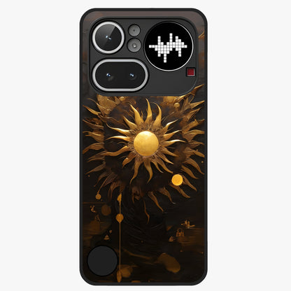 Golden Sun Majesty Glass Case showing flat back view with radiant golden sun artwork and glossy glass finish.