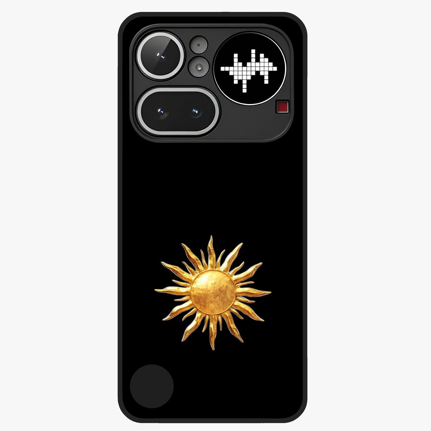 Golden Sun Minimalism Glass Case showing flat back view with minimal golden sun artwork and glossy glass finish.