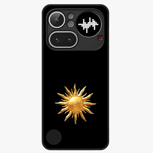 Golden Sun Minimalism Glass Case showing flat back view with minimal golden sun artwork and glossy glass finish.