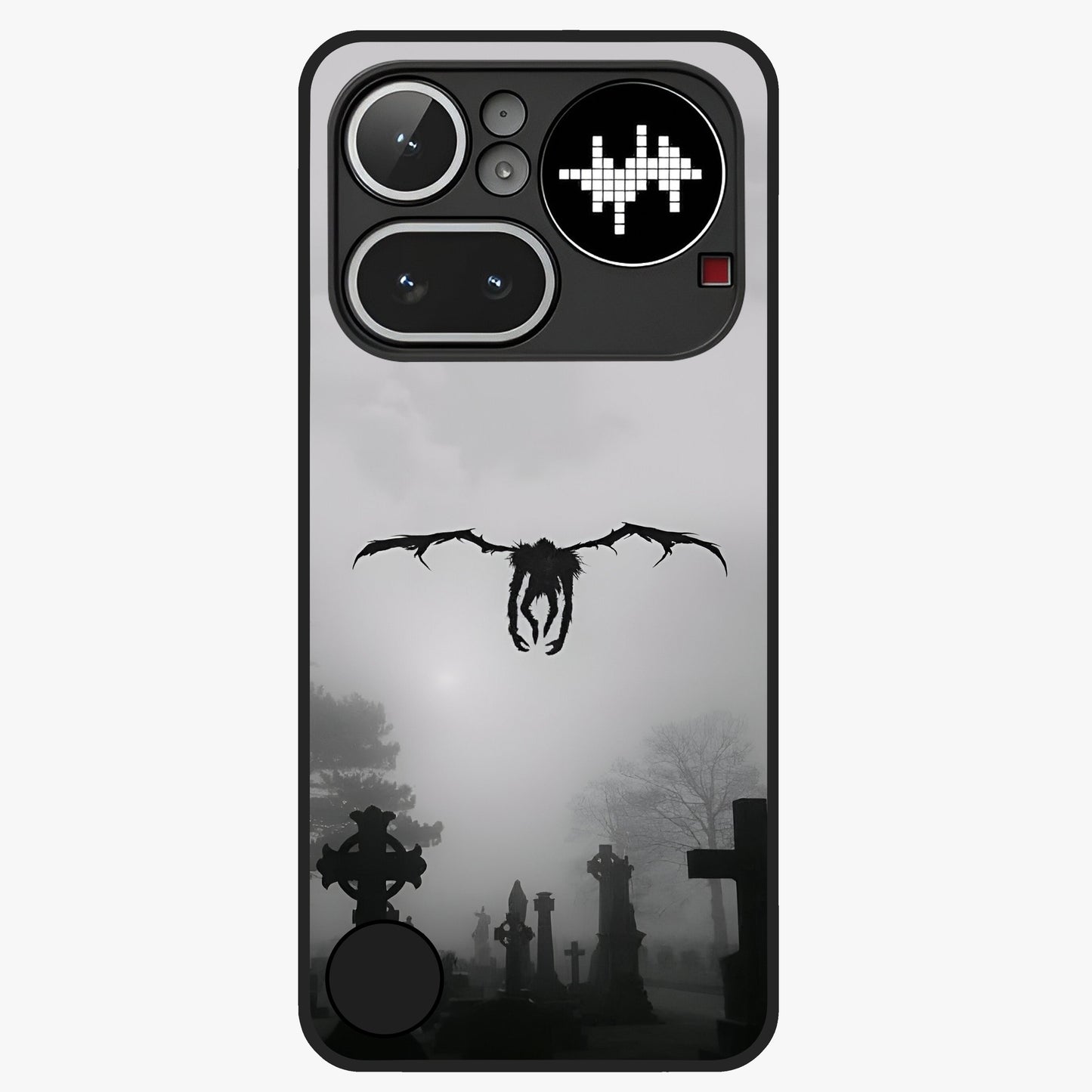 Graveyard Shadow Descent Glass Case showing flat back view with dark graveyard themed artwork and glossy glass finish.