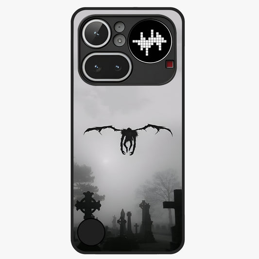 Graveyard Shadow Descent Glass Case showing flat back view with dark graveyard themed artwork and glossy glass finish.