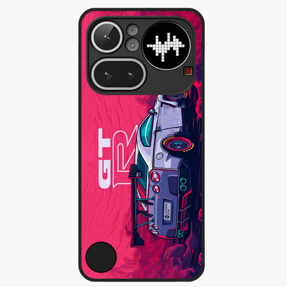 GT-R Car Pattern Glass Case showing flat back view with sporty car inspired pattern artwork and glossy glass finish.