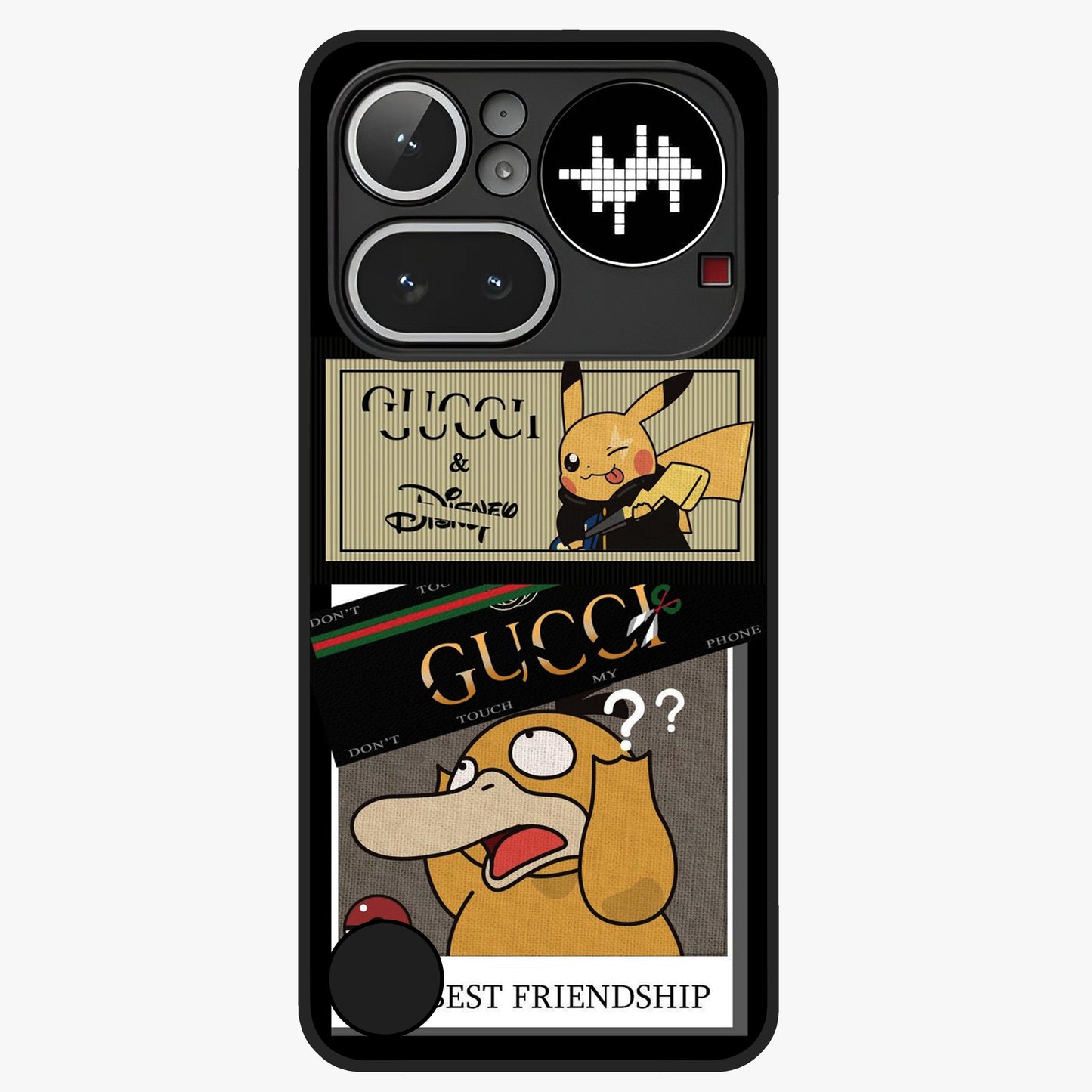 Gucci Play Mashup Glass Case showing flat back view with luxury inspired graphic artwork and glossy glass finish.