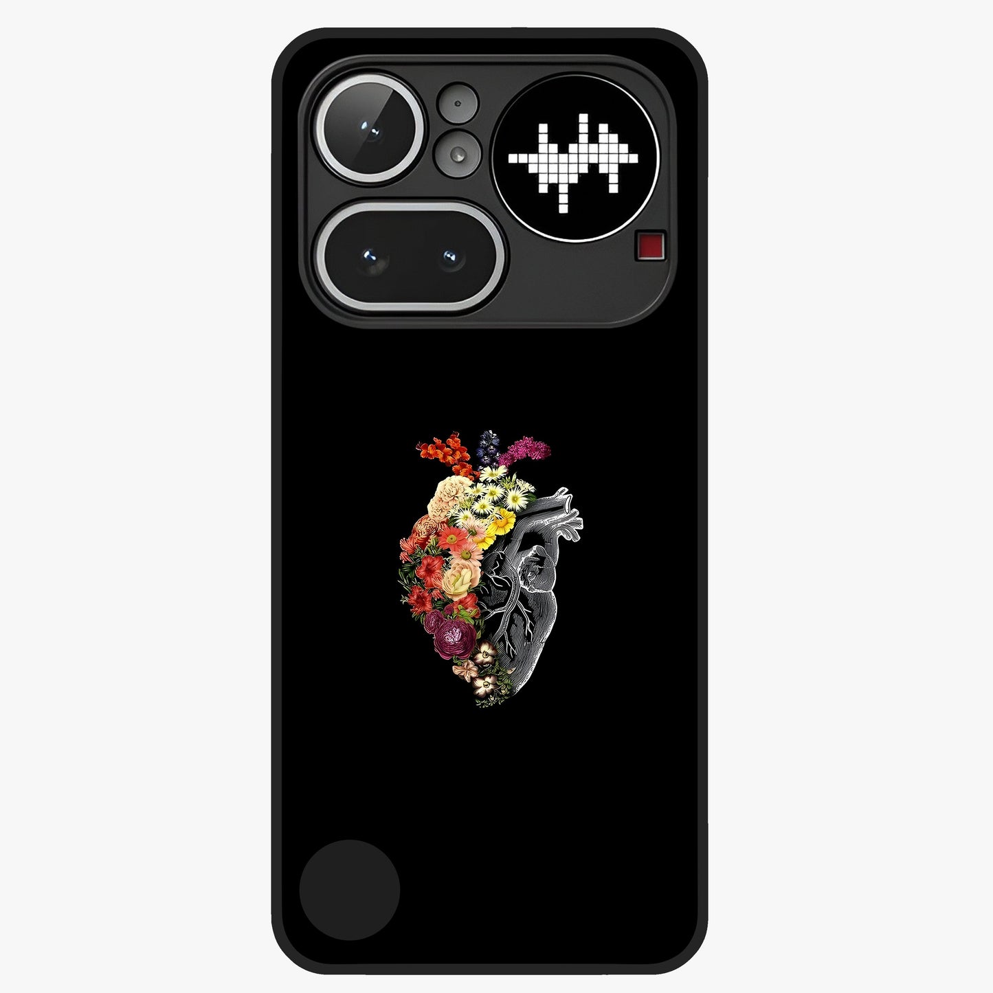 Heart With Flowers Glass Case showing flat back view with heart shaped floral artwork and glossy glass finish.