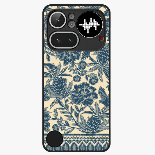 Heirloom Wild Bloom Glass Case showing flat back view with vintage inspired wild flower artwork and glossy glass finish.