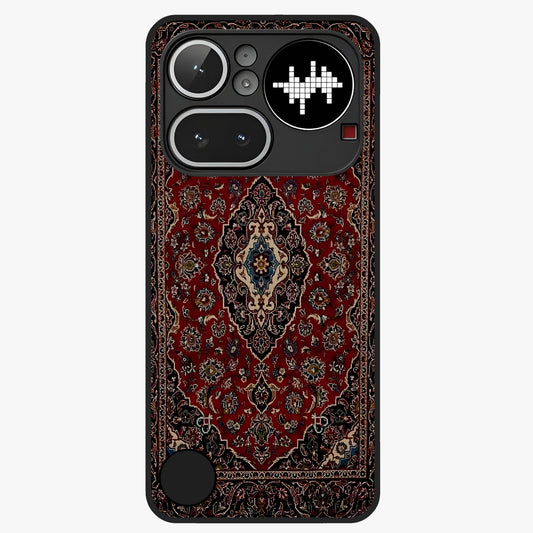 Heritage Carpet Royale Glass Case showing flat back view with ornate Persian carpet inspired pattern and glossy glass finish.