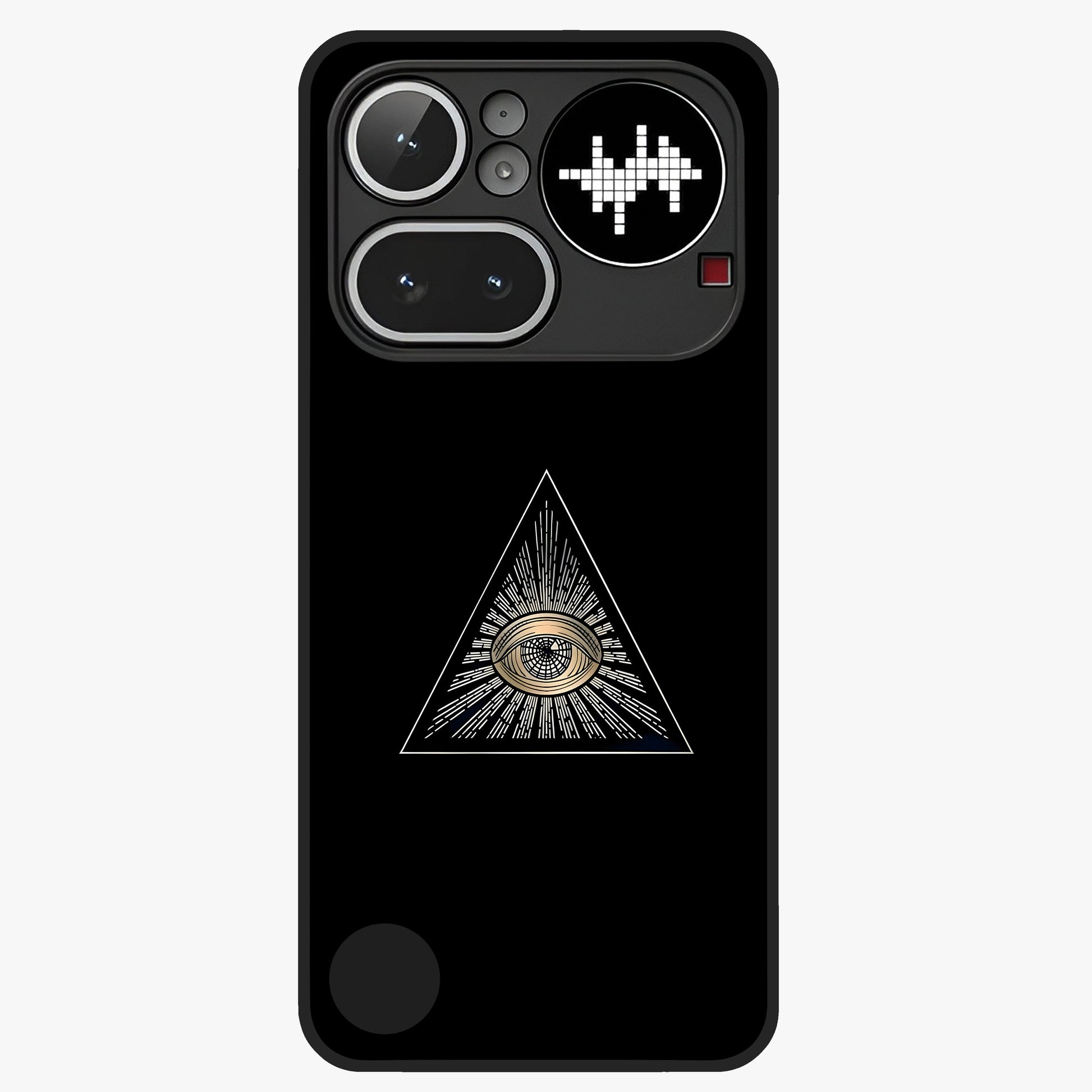 Illuminati Evil Glass Case showing flat back view with mysterious illuminati symbol artwork and glossy glass finish.
