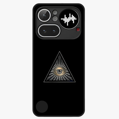 Illuminati Evil Glass Case showing flat back view with mysterious illuminati symbol artwork and glossy glass finish.