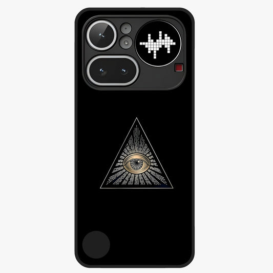 Illuminati Evil Glass Case showing flat back view with mysterious illuminati symbol artwork and glossy glass finish.