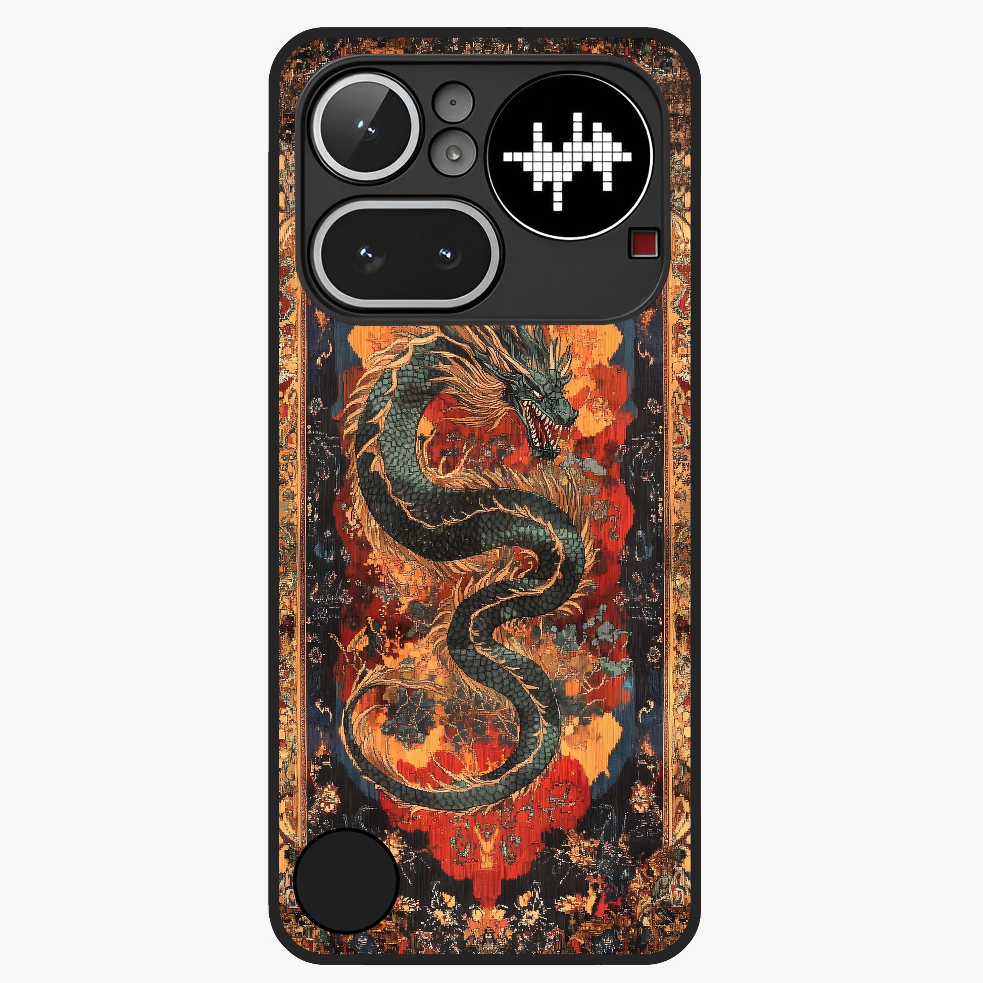 Inferno Dragon Soul Glass Case showing flat back view with fiery dragon artwork and glossy glass finish.