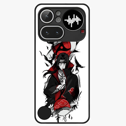 Itachi Sharingan Glass Case showing flat back view with powerful anime eye artwork and glossy glass finish.