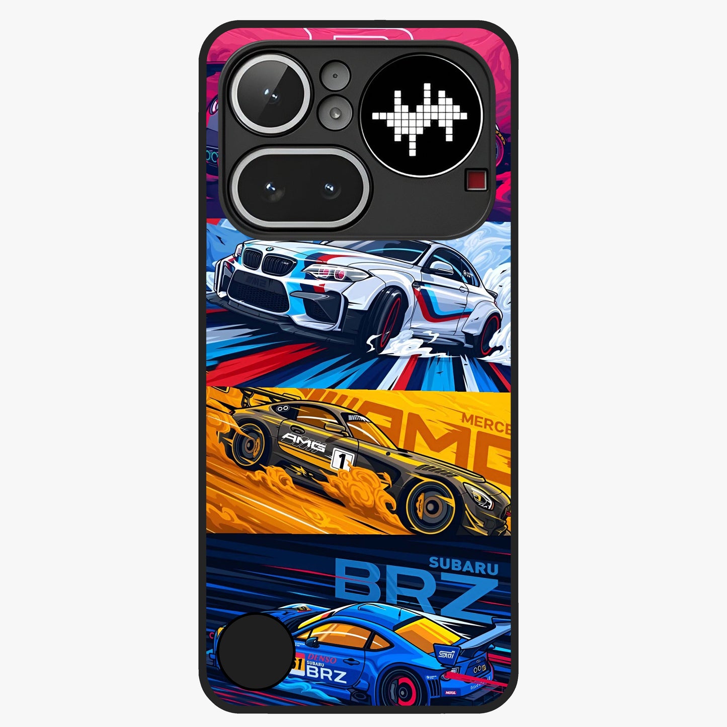 JDM Sports Car Glass Case showing flat back view with high performance sports car artwork and glossy glass finish.