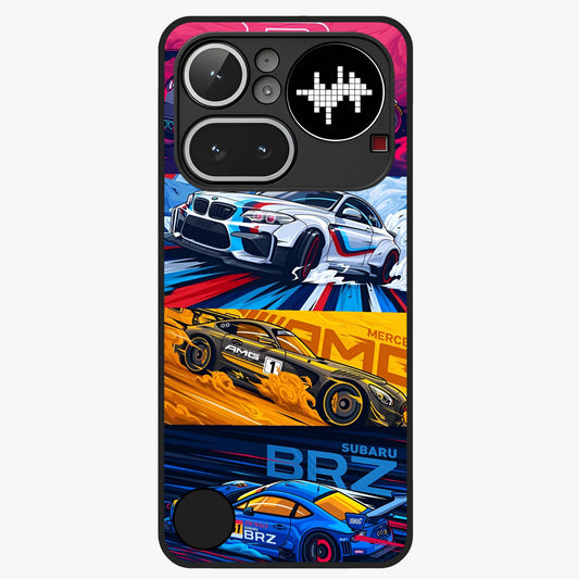 JDM Sports Car Glass Case showing flat back view with high performance sports car artwork and glossy glass finish.
