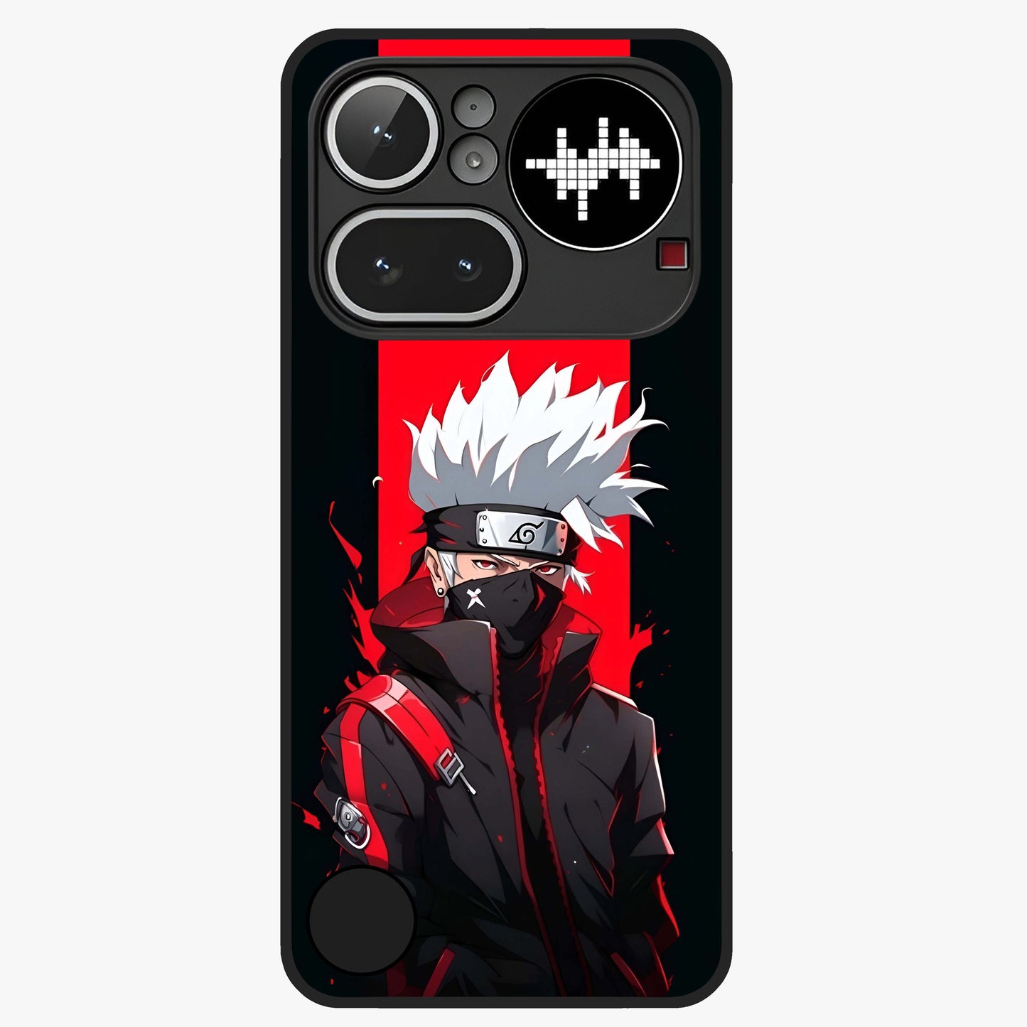 Kakashi Scarlet Shadow Glass Case showing flat back view with powerful anime ninja artwork and glossy glass finish.