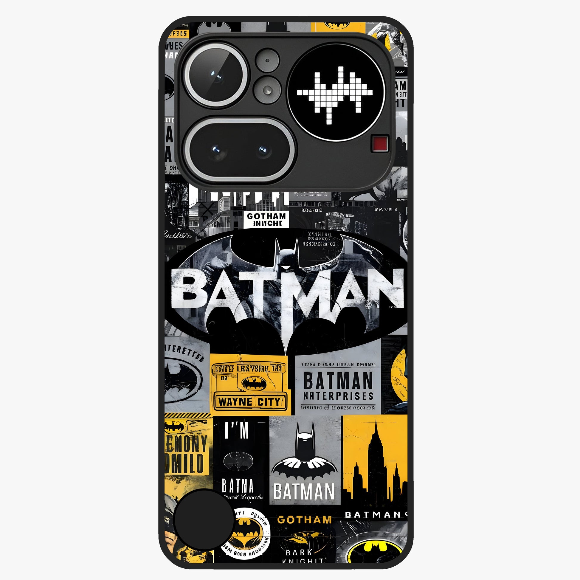 Knight Gotham Rise Glass Case showing flat back view with dark hero inspired artwork and glossy glass finish.