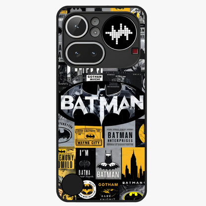 Knight Gotham Rise Glass Case showing flat back view with dark hero inspired artwork and glossy glass finish.