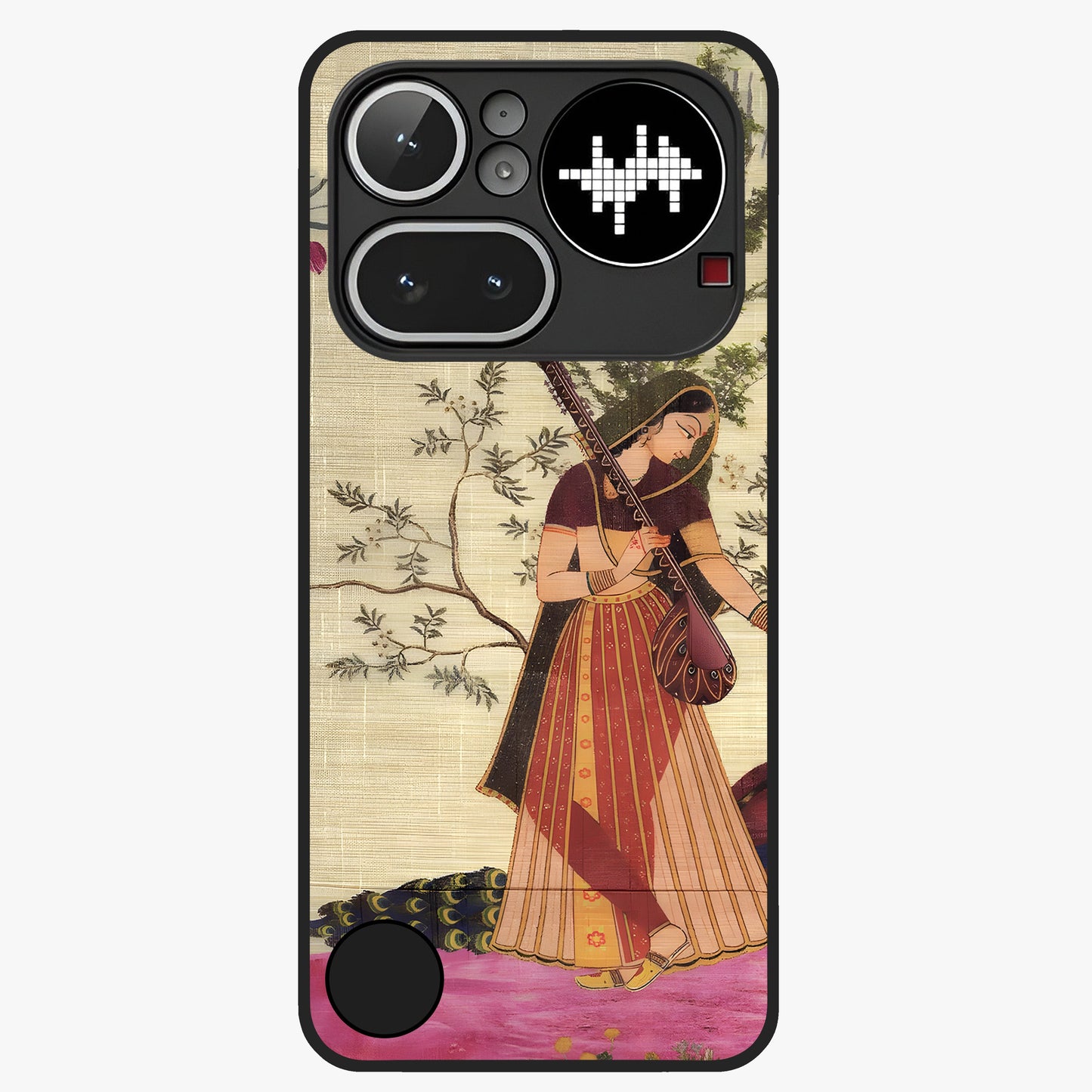 Lady With Veena Art Glass Case showing flat back view with elegant woman playing veena artwork and glossy glass finish.