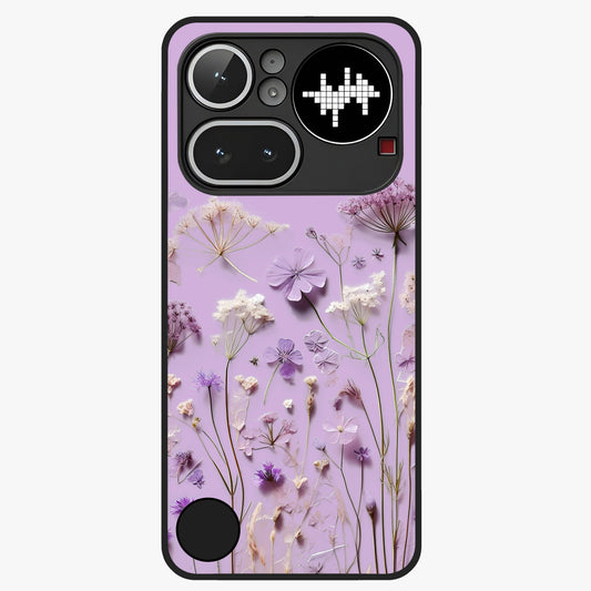 Lavender Blossom Dream Glass Case showing flat back view with soft lavender floral artwork and glossy glass finish.