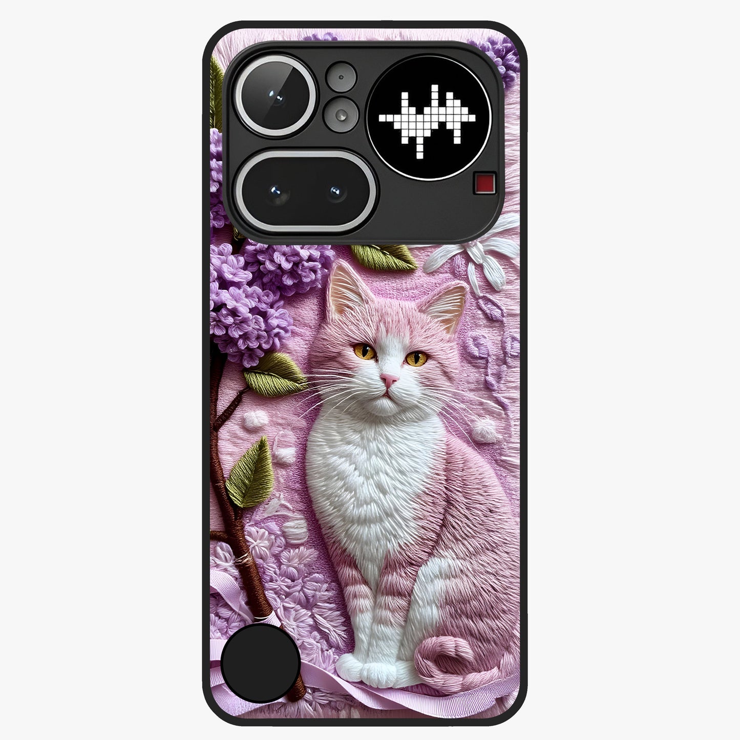 Lavender Cat Whimsy Glass Case showing flat back view with cute lavender cat artwork and glossy glass finish.