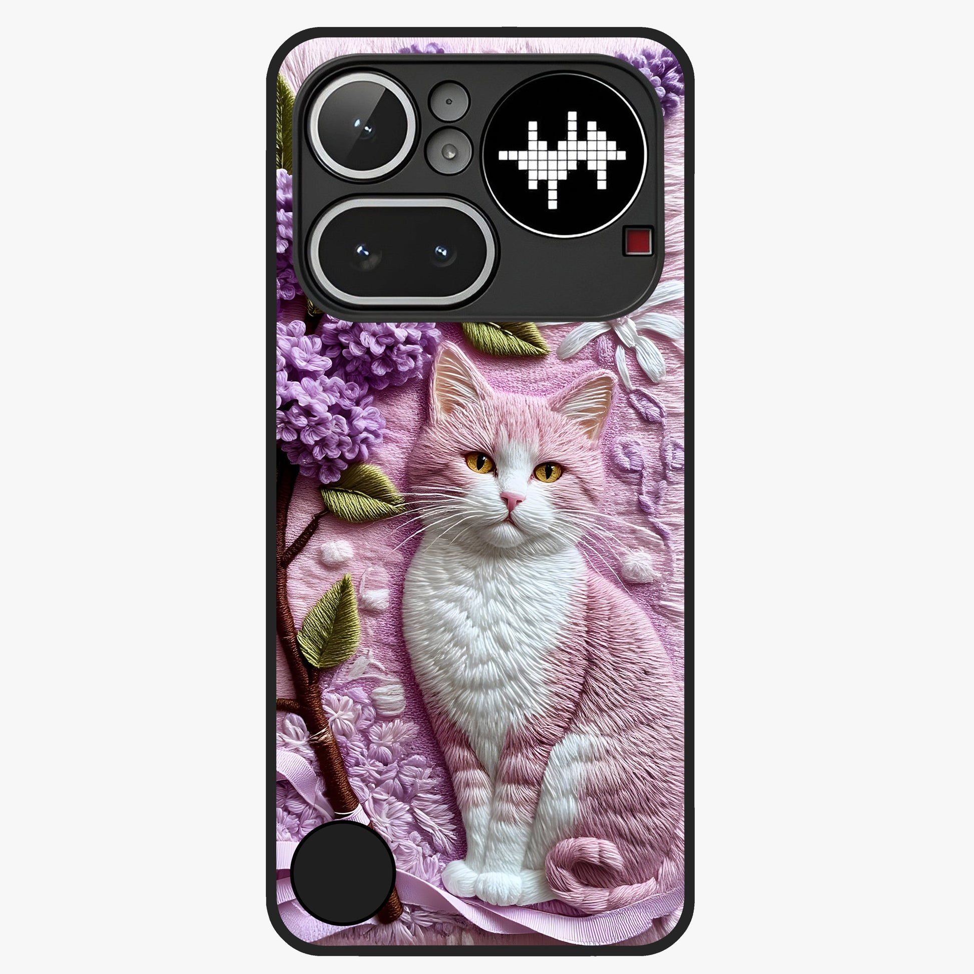 Lavender Cat Whimsy Glass Case showing flat back view with cute lavender cat artwork and glossy glass finish.