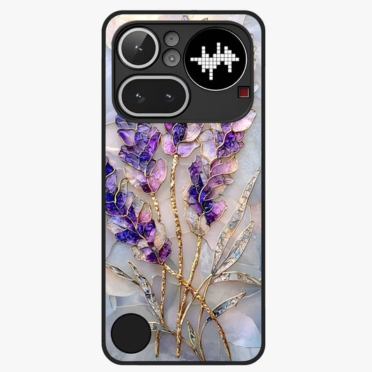 Lavender Dream Glow Glass Case showing flat back view with glowing lavender aesthetic artwork and glossy glass finish.