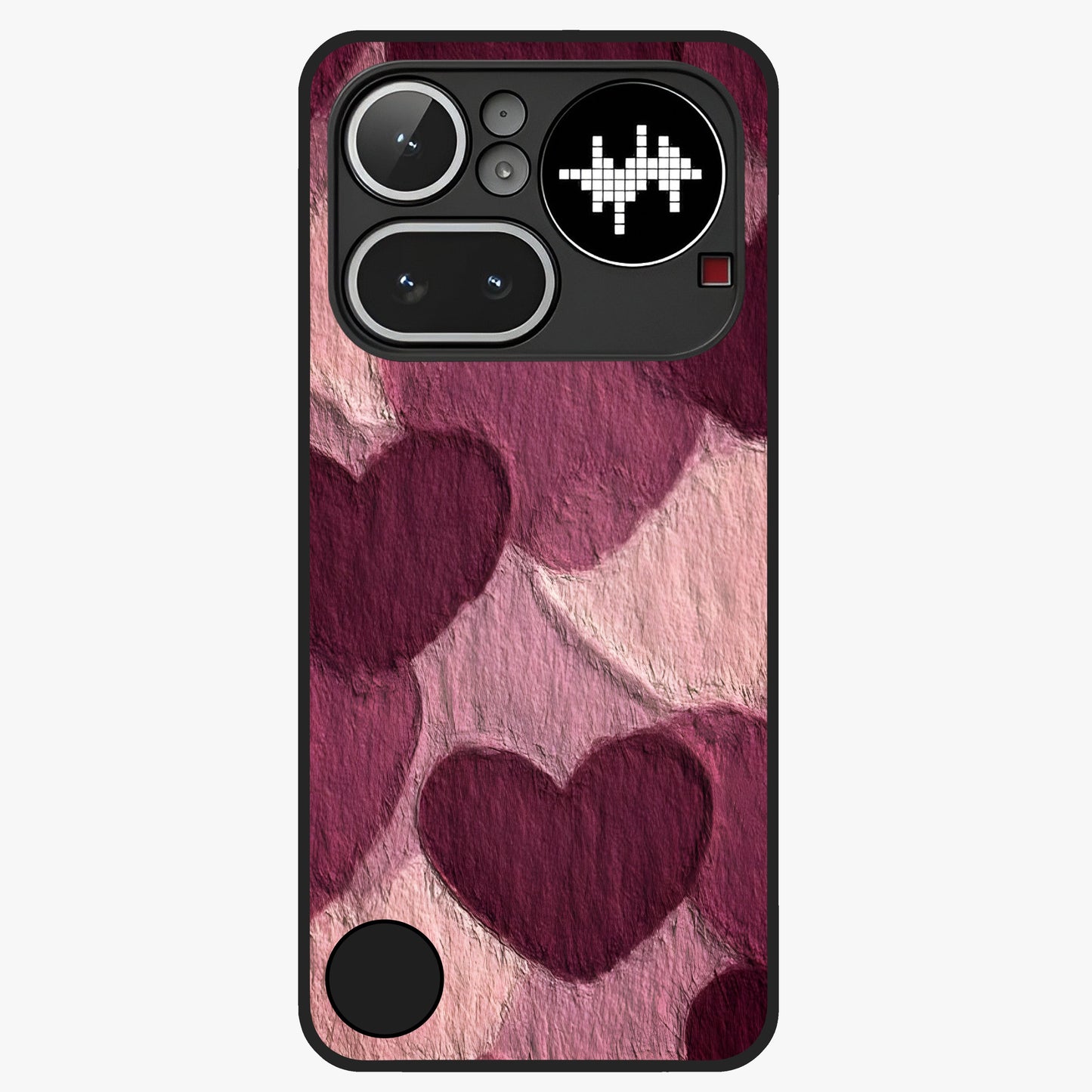 Layered Paper Hearts Glass Case showing flat back view with layered paper heart artwork and glossy glass finish.