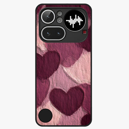 Layered Paper Hearts Glass Case showing flat back view with layered paper heart artwork and glossy glass finish.