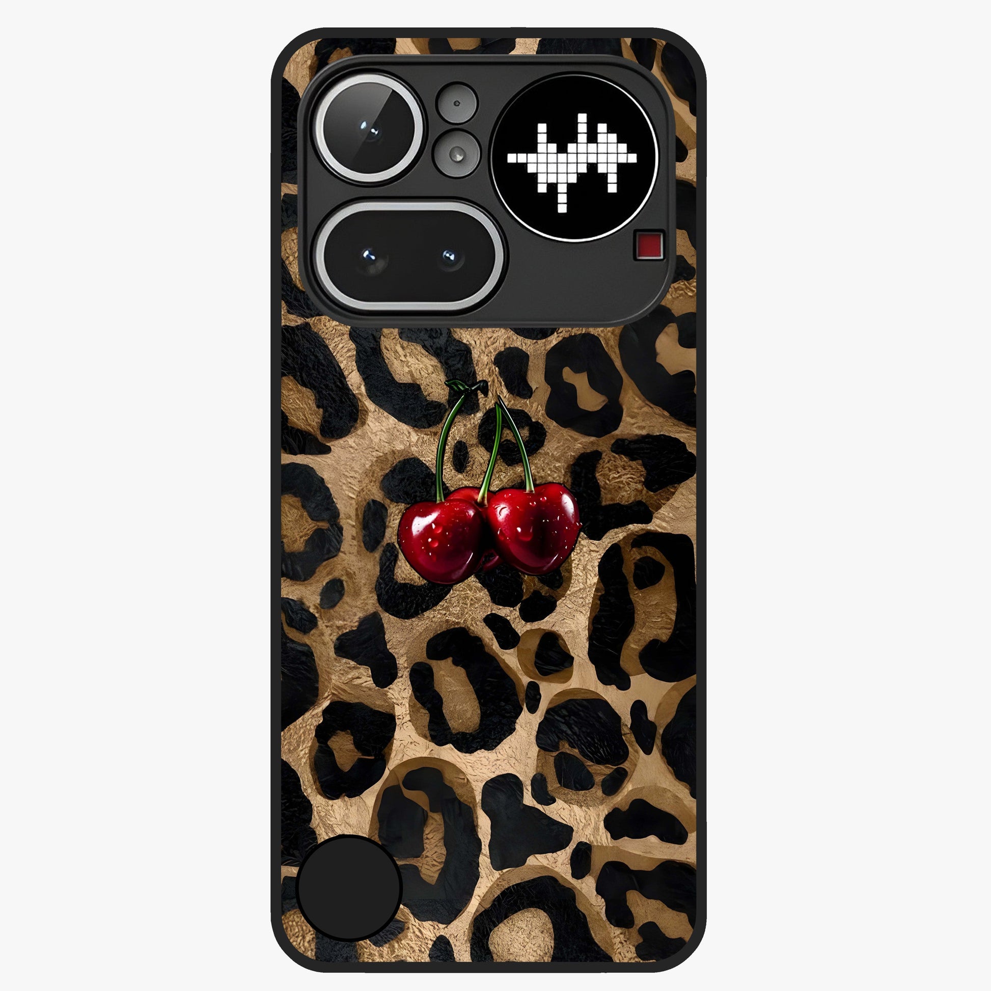 Leopard Wild Cherry Glass Case showing flat back view with leopard pattern and cherry artwork and glossy glass finish.