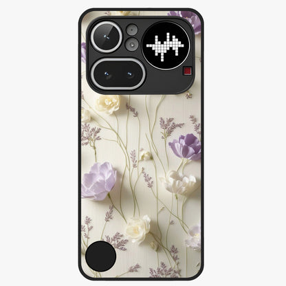 Lilac Breeze Harmony Glass Case showing flat back view with soft lilac themed artwork and glossy glass finish.
