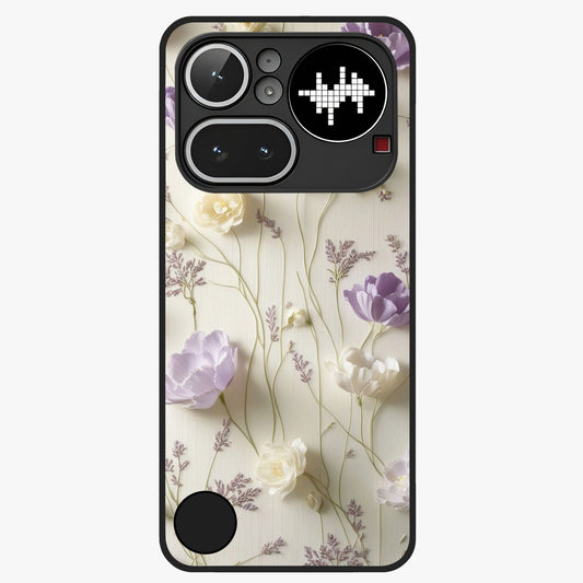 Lilac Breeze Harmony Glass Case showing flat back view with soft lilac themed artwork and glossy glass finish.