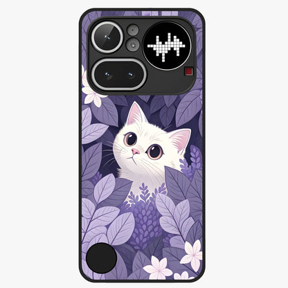 Lilac Hide Peek Cat Glass Case showing flat back view with cute peeking cat artwork and glossy glass finish.