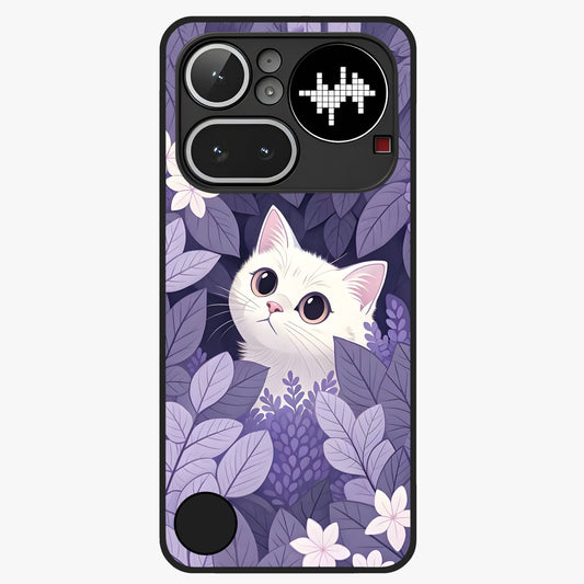 Lilac Hide Peek Cat Glass Case showing flat back view with cute peeking cat artwork and glossy glass finish.