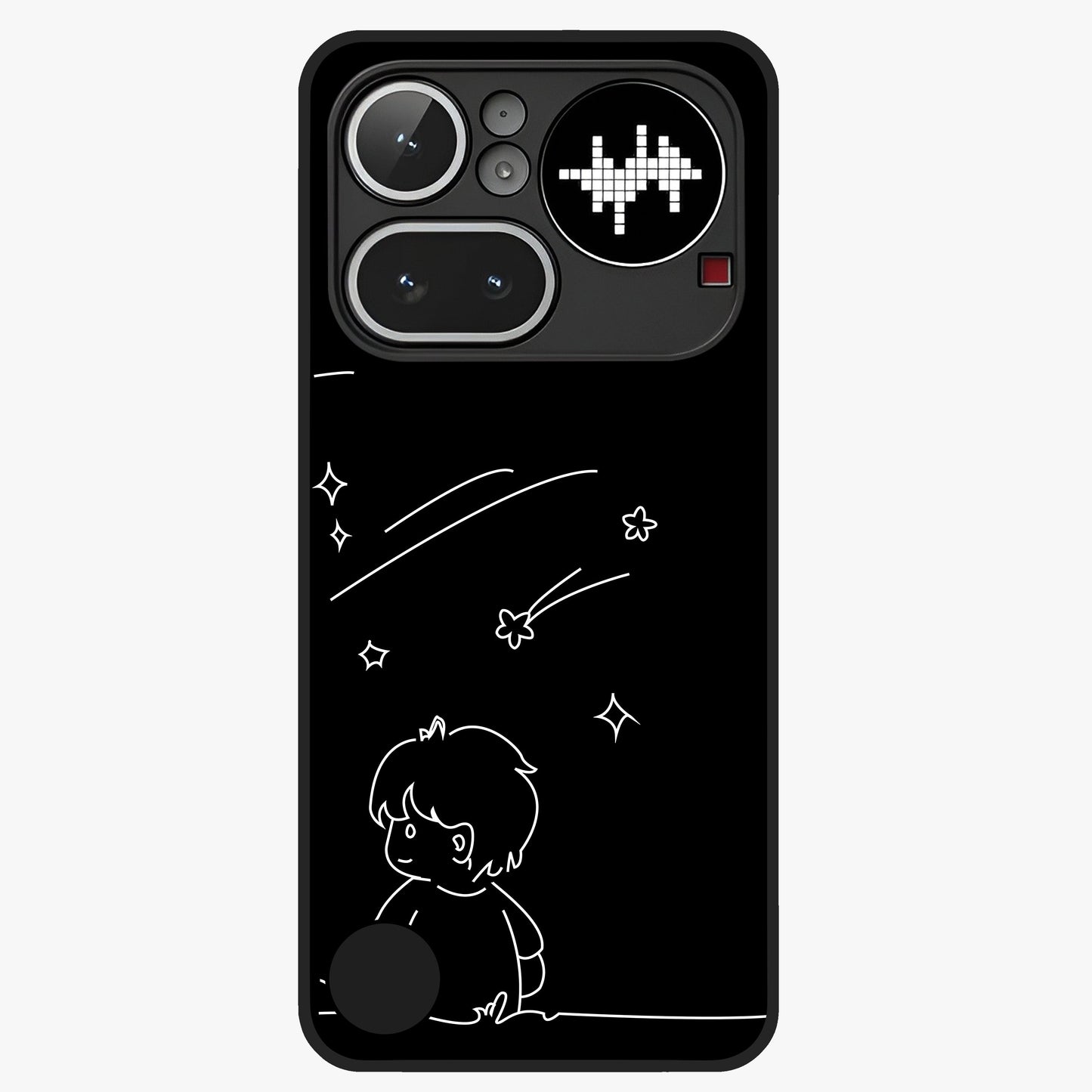 Line Art Boy With Shooting Stars Glass Case showing flat back view with minimal line art boy and shooting stars illustration and glossy glass finish.
