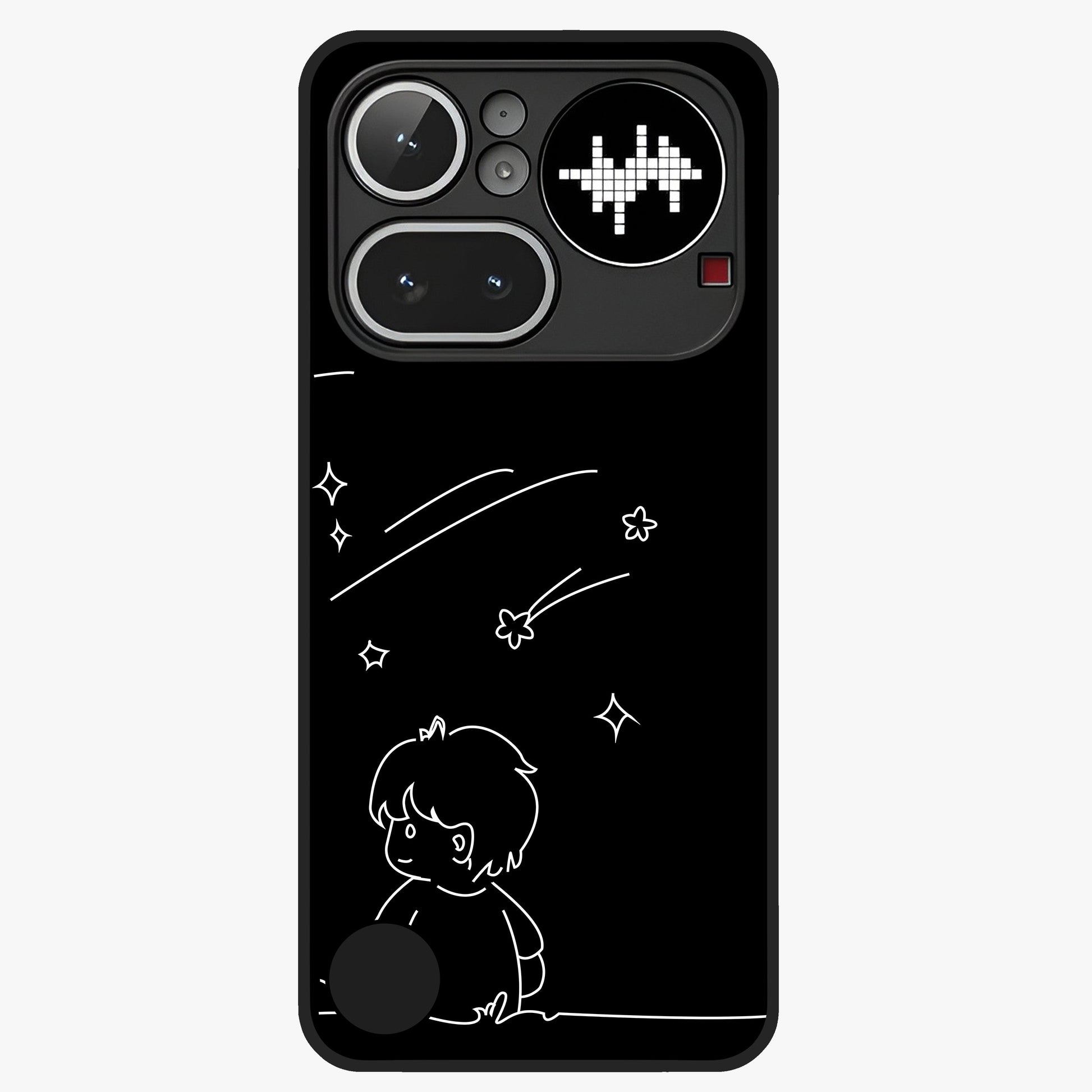 Line Art Boy With Shooting Stars Glass Case showing flat back view with minimal line art boy and shooting stars illustration and glossy glass finish.