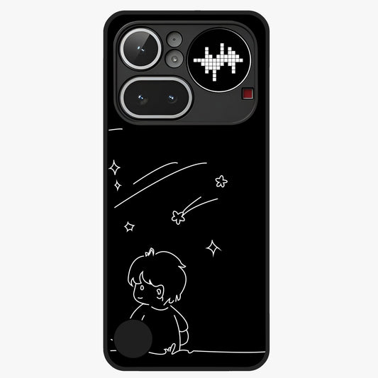 Line Art Boy With Shooting Stars Glass Case showing flat back view with minimal line art boy and shooting stars illustration and glossy glass finish.