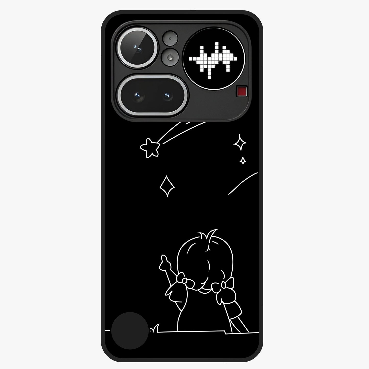 Line Art Girl With Shooting Stars Glass Case showing flat back view with minimal line art girl and shooting stars illustration and glossy glass finish.