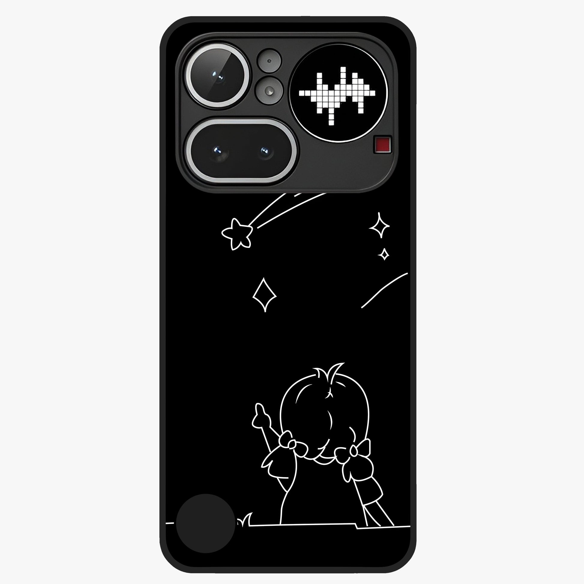 Line Art Girl With Shooting Stars Glass Case showing flat back view with minimal line art girl and shooting stars illustration and glossy glass finish.