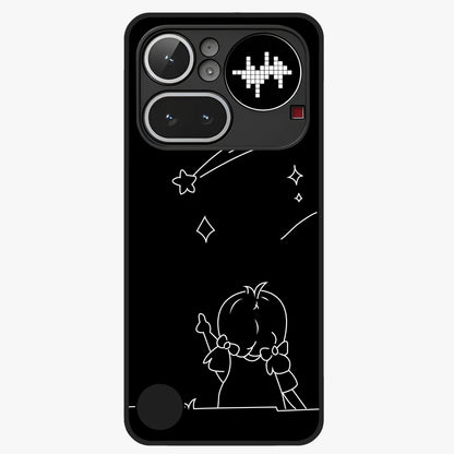 Line Art Girl With Shooting Stars Glass Case showing flat back view with minimal line art girl and shooting stars illustration and glossy glass finish.