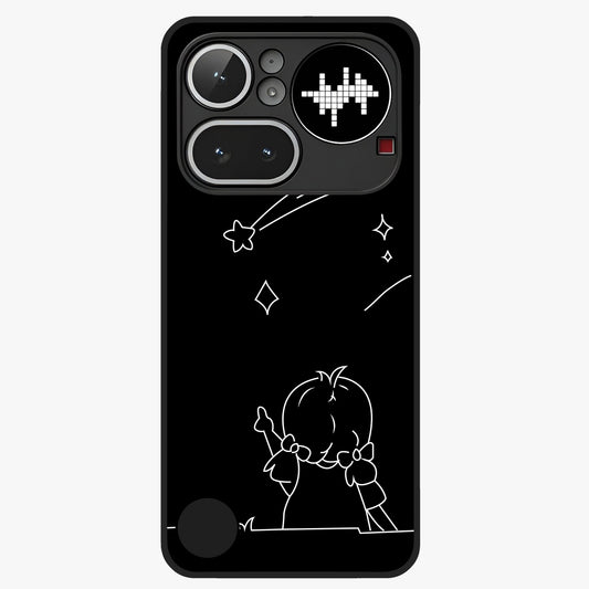 Line Art Girl With Shooting Stars Glass Case showing flat back view with minimal line art girl and shooting stars illustration and glossy glass finish.