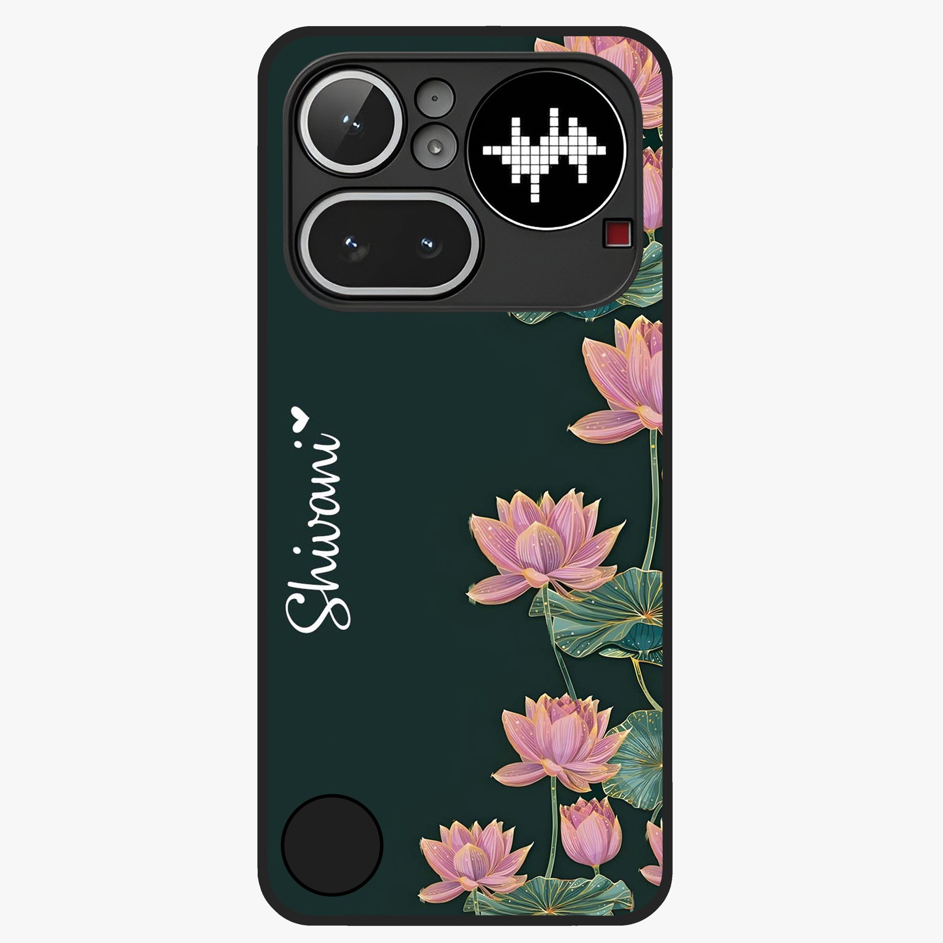Lotus Bloom Serenity Custom Name Glass Case showing flat back view with elegant lotus flower artwork and personalized name design.