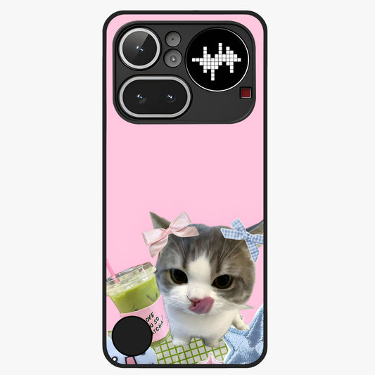 Love Matcha Cat Glass Case showing flat back view with cute cat and matcha themed artwork and glossy glass finish.