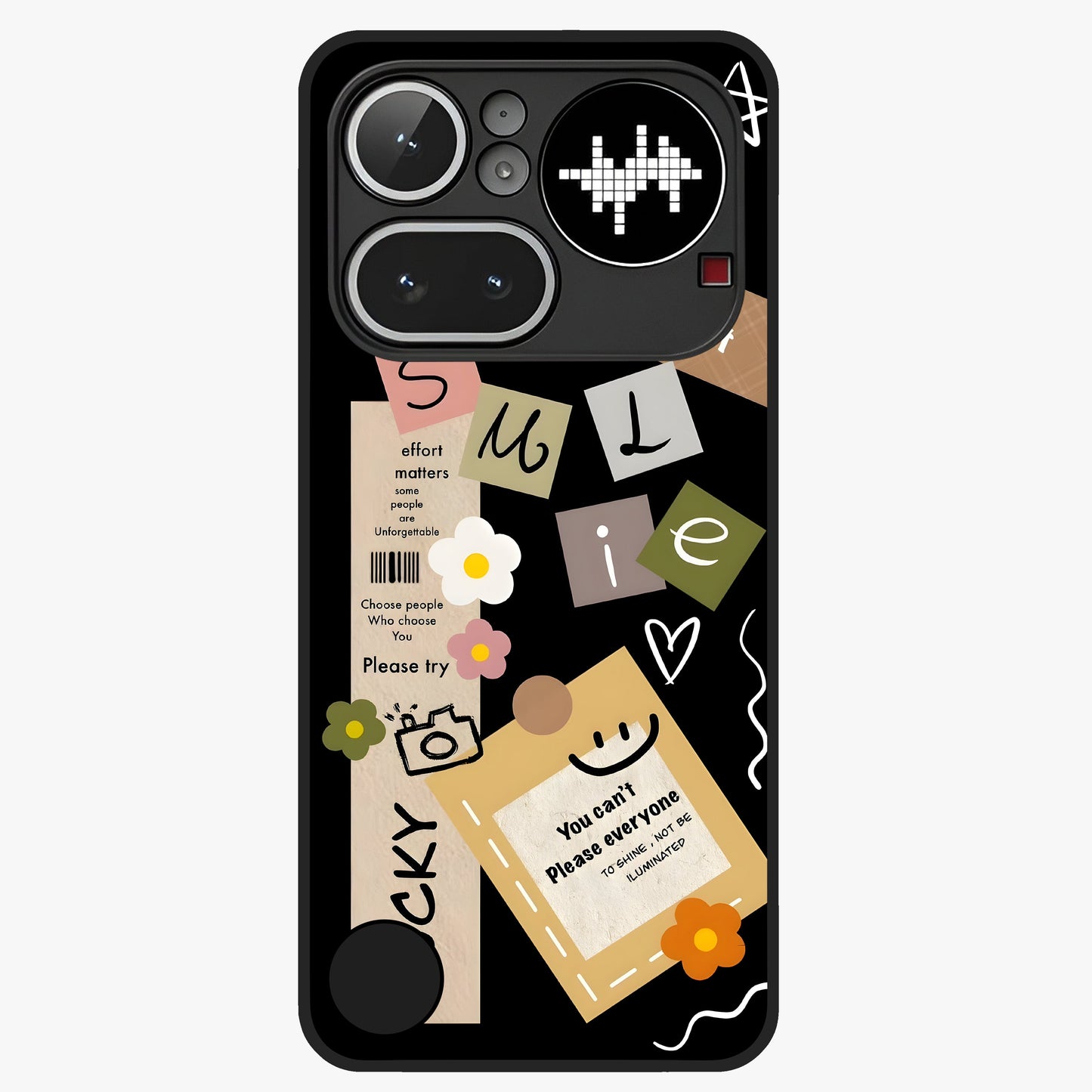 Lucky Aesthetic Collage Glass Case showing flat back view with trendy aesthetic collage artwork and glossy glass finish.