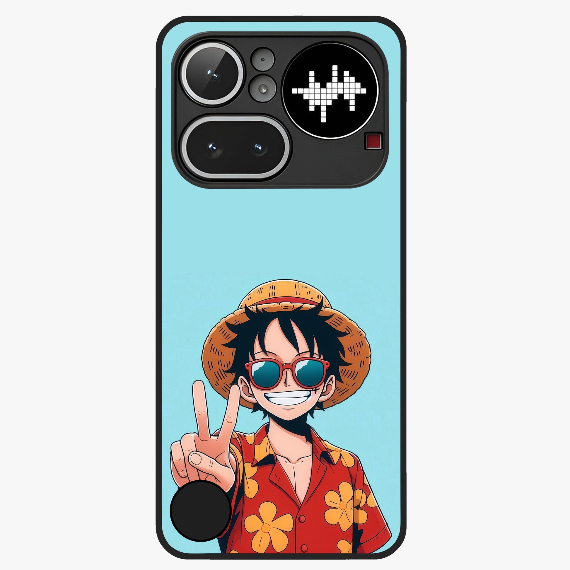 Luffy Summer Anime Vibe Glass Case showing flat back view with vibrant anime character artwork and glossy glass finish.