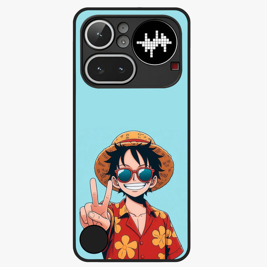 Luffy Summer Anime Vibe Glass Case showing flat back view with vibrant anime character artwork and glossy glass finish.