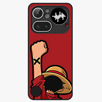Luffy X Spirit Glass Case showing flat back view with bold anime character artwork and glossy glass finish.