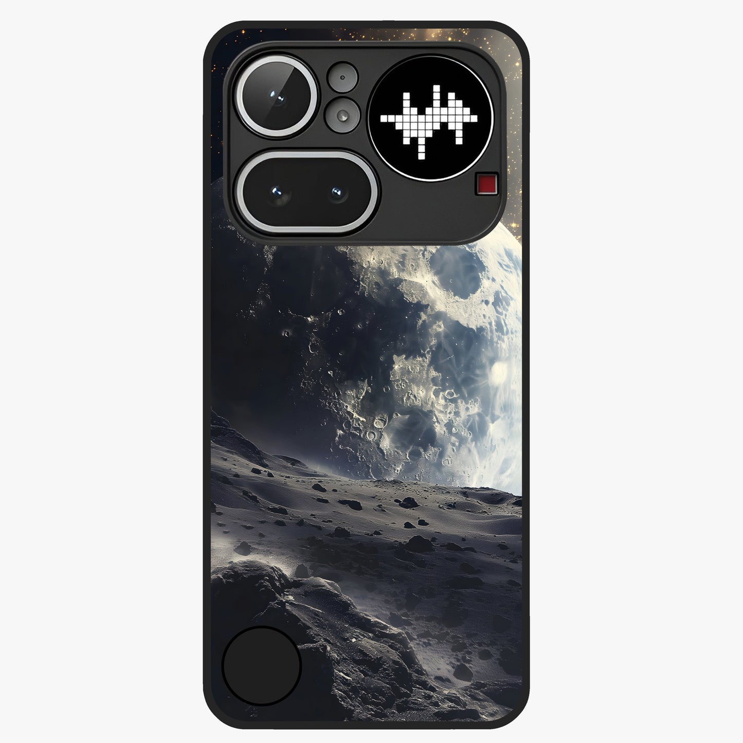 Lunar Horizon Glow Glass Case showing flat back view with glowing moon horizon artwork and glossy glass finish.