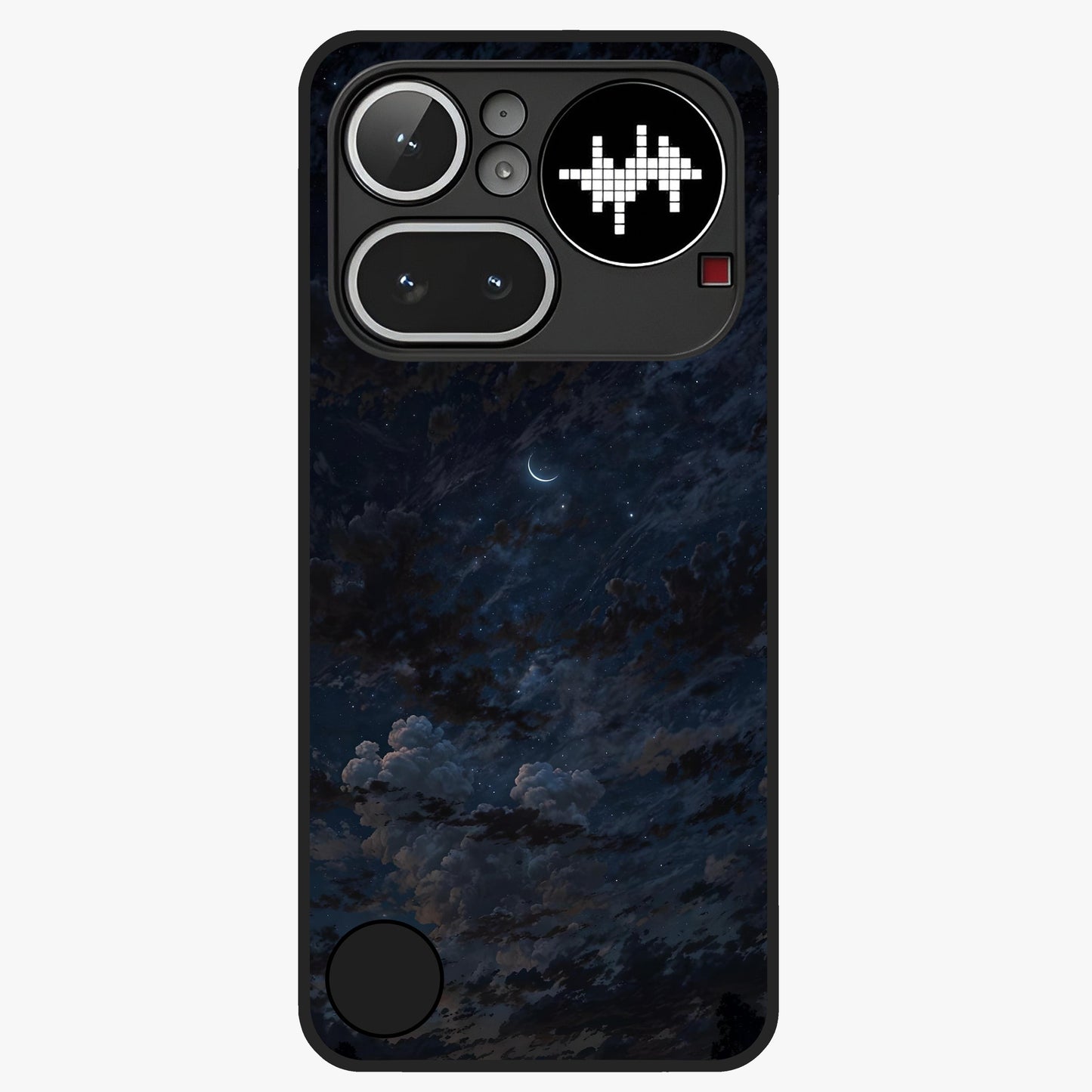 Lunar Veil Silence Glass Case showing flat back view with mystical moon veil artwork and glossy glass finish.