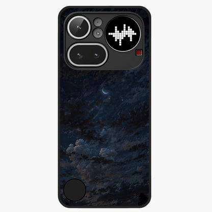 Lunar Veil Silence Glass Case showing flat back view with mystical moon veil artwork and glossy glass finish.